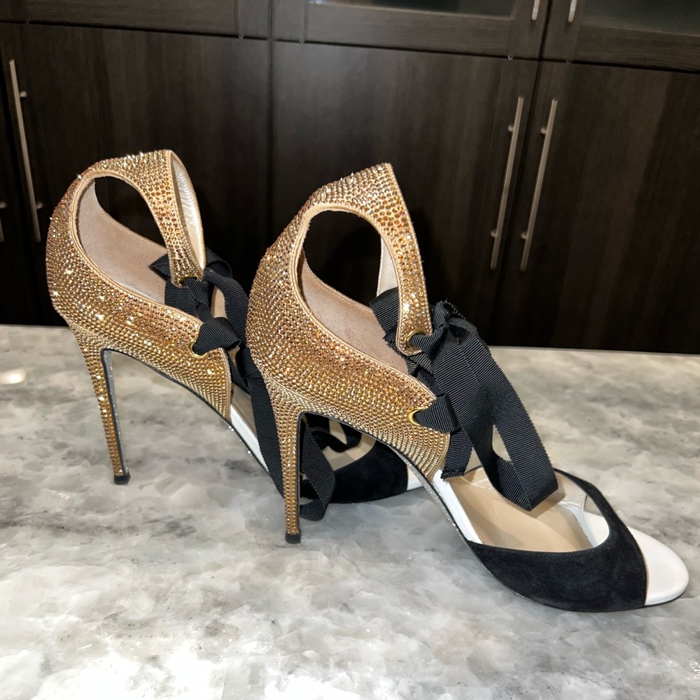 Rene Caovilla Black and Gold Sequin Sandals with Tie
